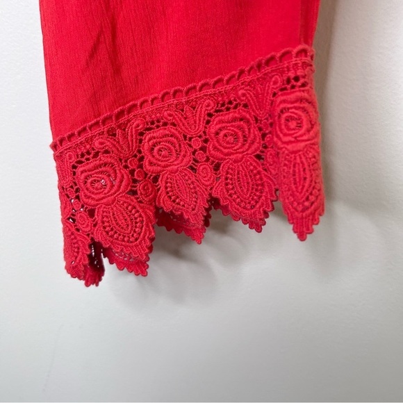 H&M Off-the-shoulder Peasant Blouse Viscose Lace Trim Bright Red Medium - Picture 5 of 12